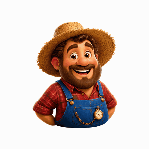A farmer character rigged and animated by SpineFactory, breathing in an idle loop