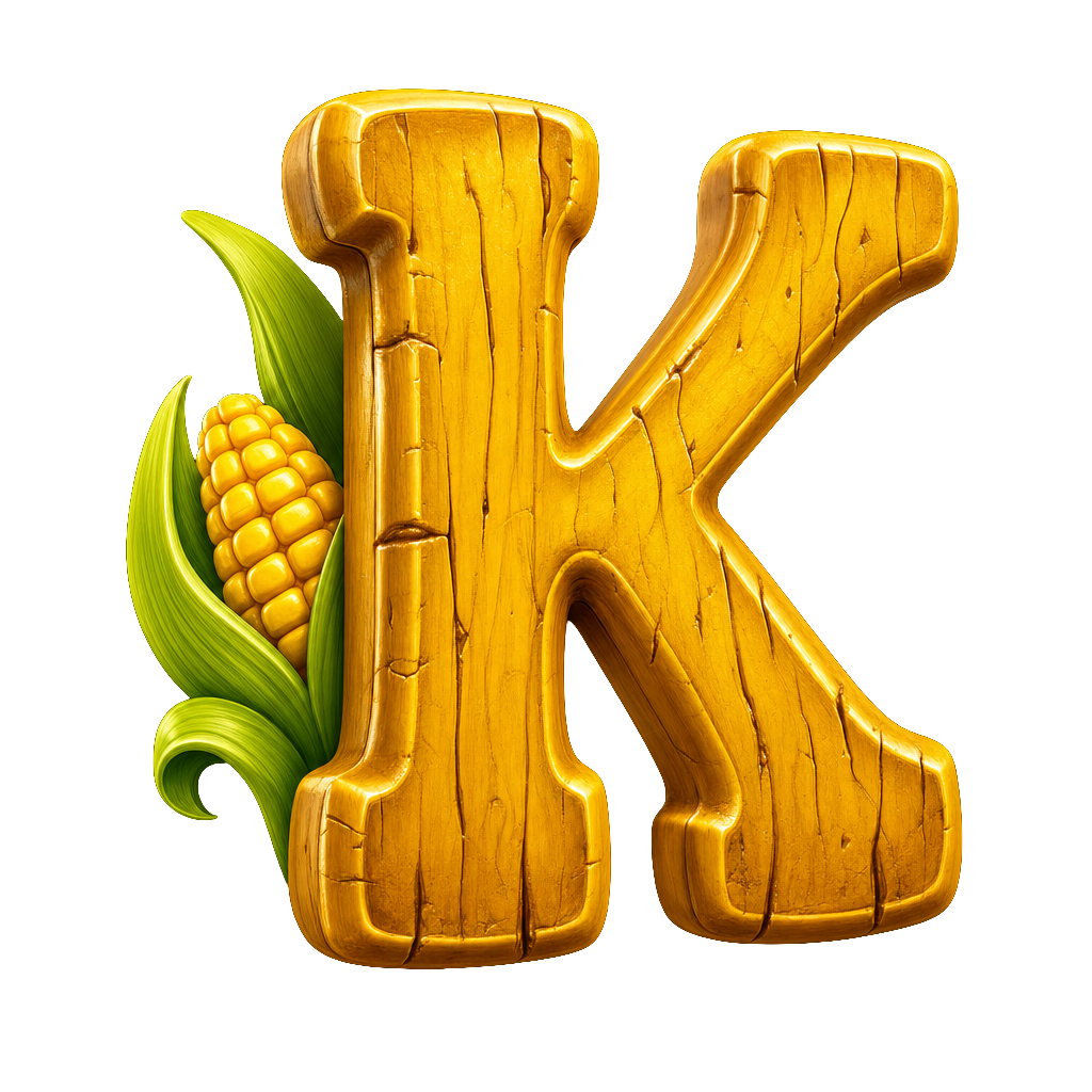 Static source painting of a wooden letter K slot symbol with corn