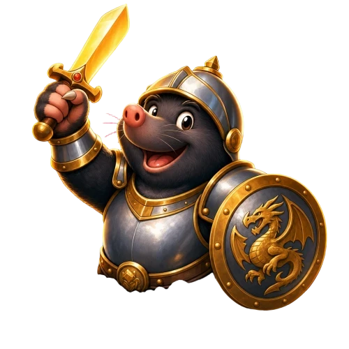 Static source painting of the Epic Mole wild symbol: a mole knight in plate armour raising a golden sword, dragon shield on its arm