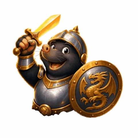 The same mole knight, now rigged and looping its win animation: a crouch and a sword swing, shown at 0.8x speed